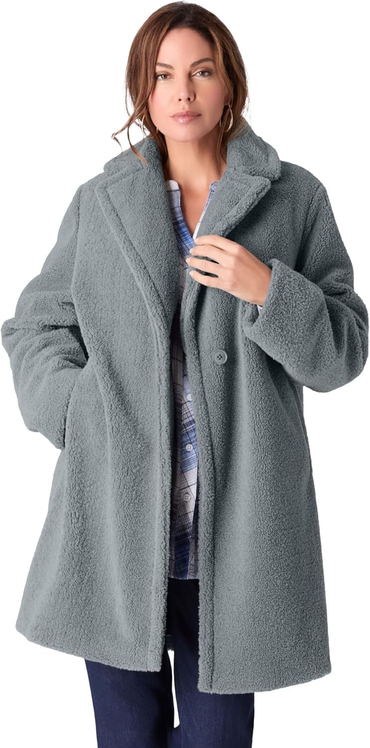 Roaman's Women's Plus Size Mid Length Teddy Faux Fur Coat