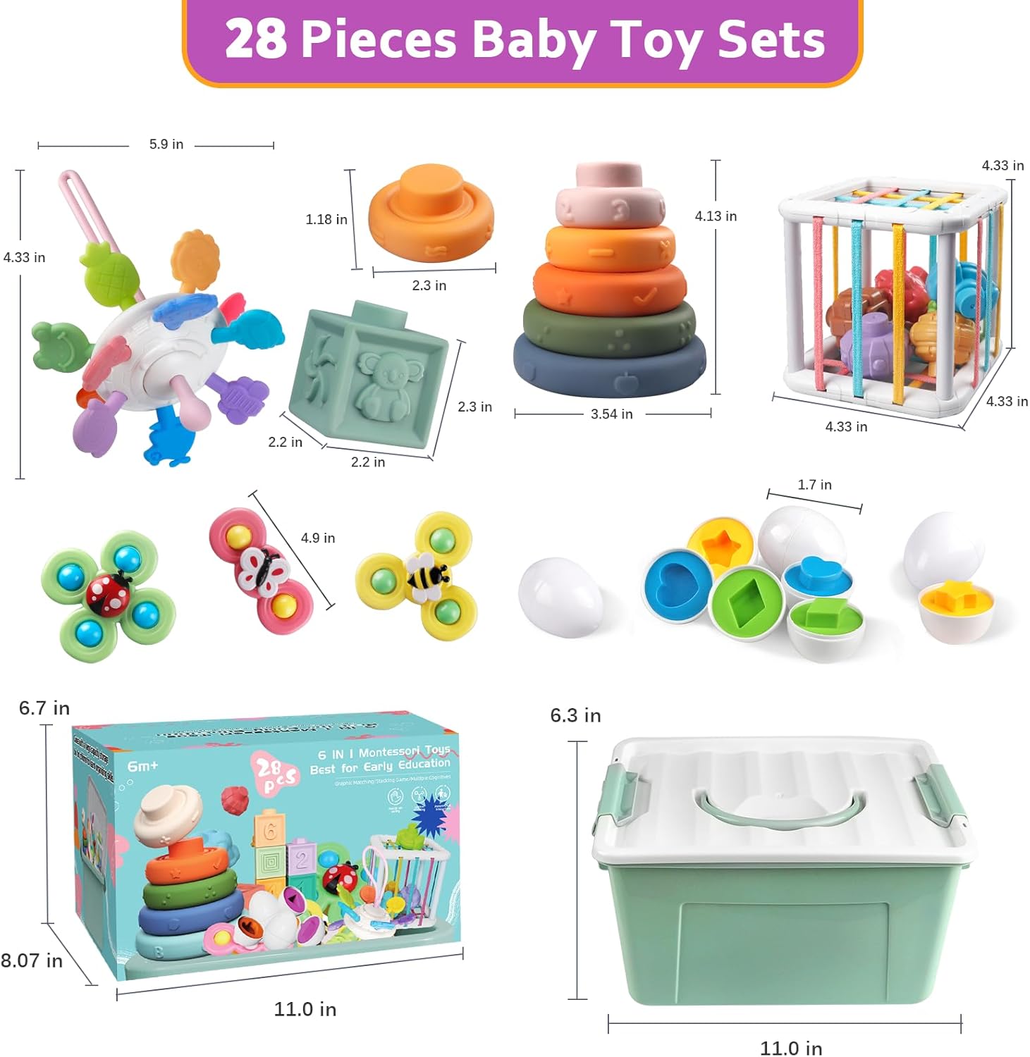 Baby Toys for 6 to 12 Months, Montessori Sensory Bins & Teething Toys, 6 in 1 Stacking Blocks, Rings, Eggs, Spinner, Crab Shape, 27 Pieces, Ages 6-36 Months - Image 6