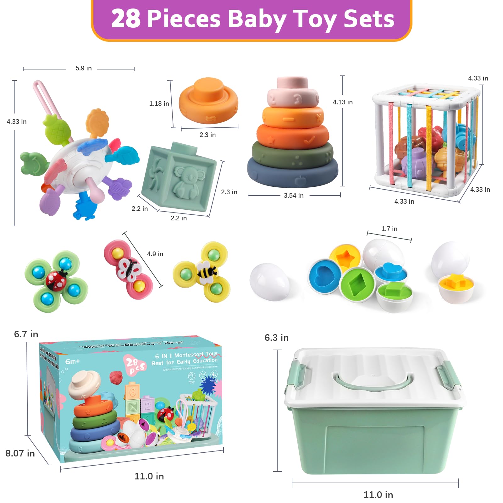 Weilim Jouet Bébé 6 Mois à 1 an - Jeux Montessori Sensoriels 6 en 1, Cube d'Activité, Anneaux Empilables, Œufs à Associer, Jouet Ventouse Rotatif, Cadeau Bébé Fille Garçon 6-12 Mois