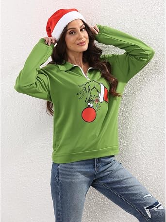 New Pullover Ugly Christmas Sweaters Cartoon Character Green Monster Print Unisex Sweatshirt with Christmas Hat