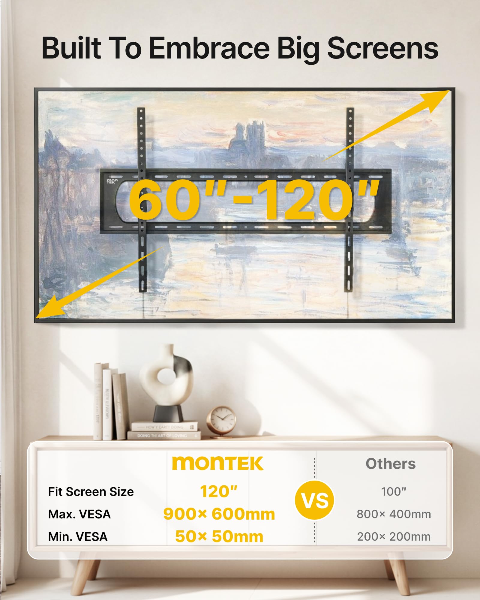 monTEK Staffa da parete fissa per TV da 60-120 pollici piatti e curvi fino a 136 kg, testata 4 carichi testati, profilo ultra sottile da 1,3", VESA max 900 x 600, blocco a sgancio rapido, adatto a