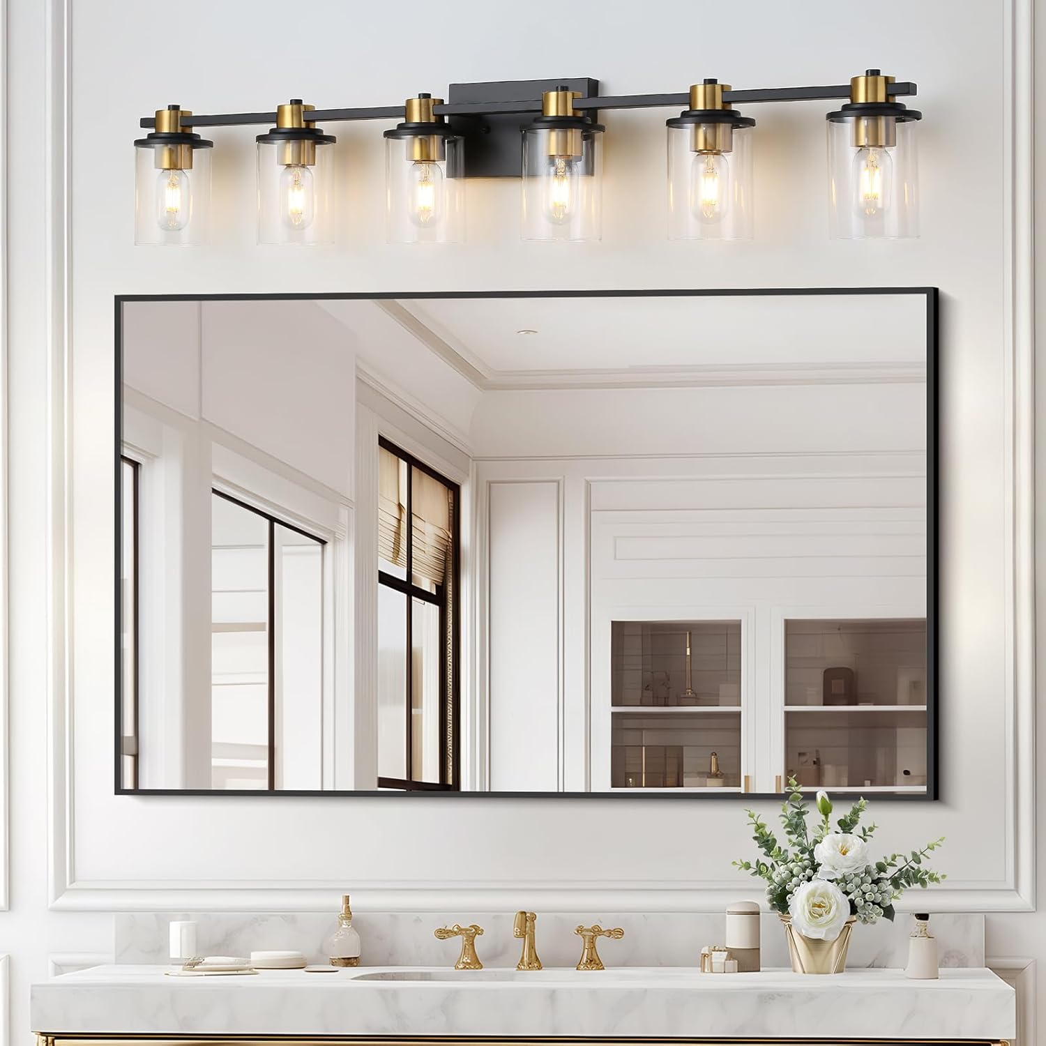 LOUSACE Bathroom Light Fixtures Black and Gold, 6 Light Bathroom Vanity Light, Modern Bathroom Light over Mirror with Clear Glass Shades, Brushed Gold Socket Wall Vanity Lighting Fixtures for Bathroom