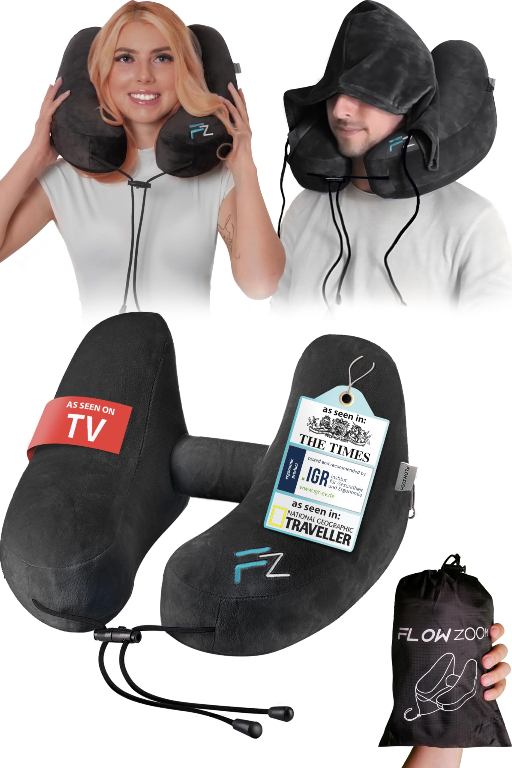 FLOWZOOM Air Inflatable Travel Neck Pillow for Airplane & Car – H-Shape Travel Pillow with Hood, 5 Sleeping Positions, Quick Inflation, Adjustable Pressure, Soft Plush Cover – Size L, Black