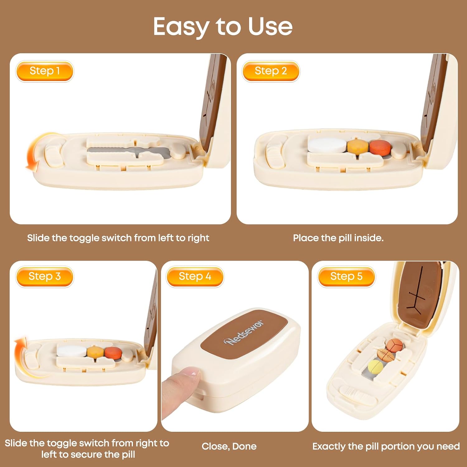 Pill Cutter Splitter for Small & Large Pills – Adjustable Tablet Cutter Divider (1/2, 1/3, 1/4) | Easy Accurate Pill Splitter, Safe Hidden Blade, for Seniors, Pets, Vitamins & Daily Medication