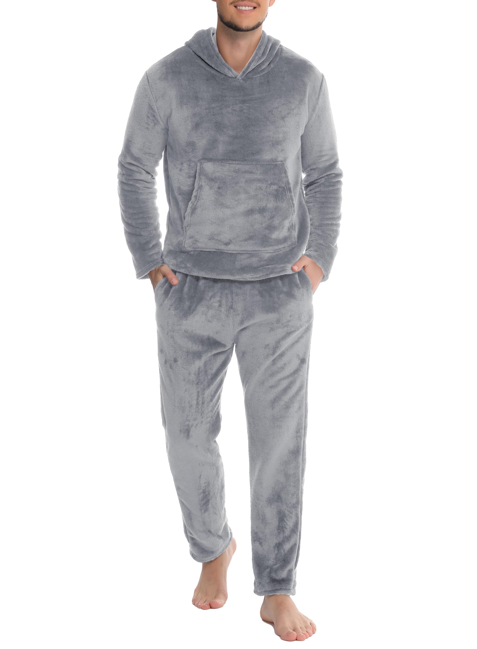 Lovasy Schlafanzug Herren Lang Warm Winter Fleece Pyjama mit Kapuzen Flanell Schlafanzüge für Herren mit Taschen