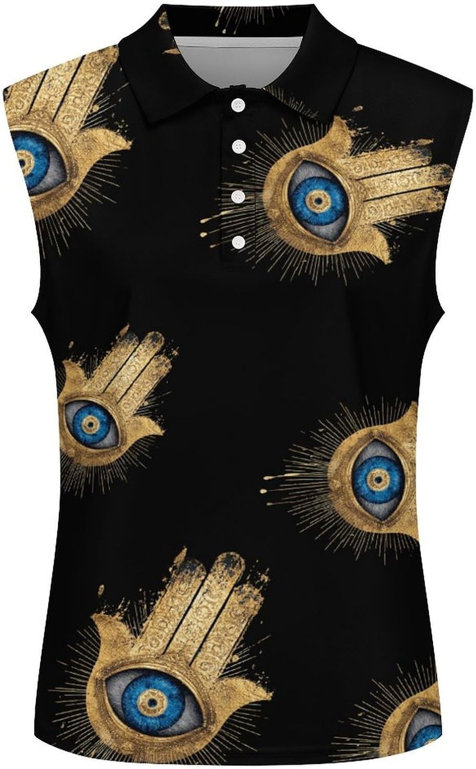 Golden Hamsa Hand with Evil Eye Womens Sleeveless V Neck Golf Polo Shirts | Collared Tank Tops