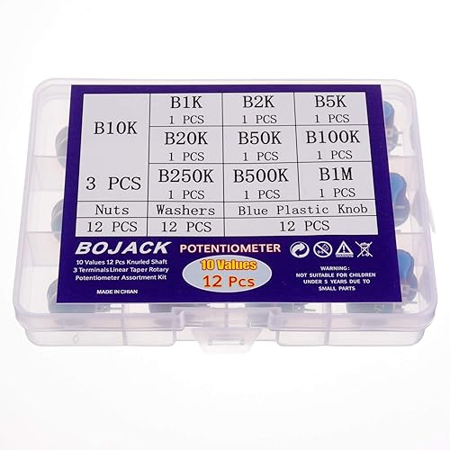 Miniatura 2 de BOJACK 10 valores 12 piezas B1K-B1M Ohm eje moleteado 3 terminales Potenciómetro rotatorio cónico lineal (WH148) Película de carbono de una sola