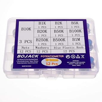 BOJACK 10 Values 12 Pcs B1K-B1M Ohm Knurled Shaft 3 Terminals Linear Taper Rotary Potentiometer(WH148) Single Turn Carbon Film Variable Resistor Assortment Kit