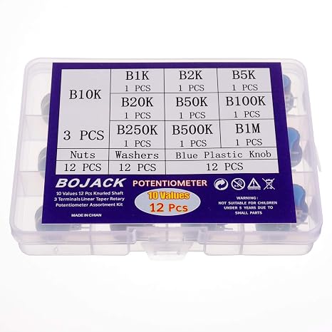 BOJACK 10 Values 12 Pcs B1K-B1M Ohm Knurled Shaft 3 Terminals Linear Taper Rotary Potentiometer(WH148) Single Turn Carbon Film Variable Resistor Assortment Kit