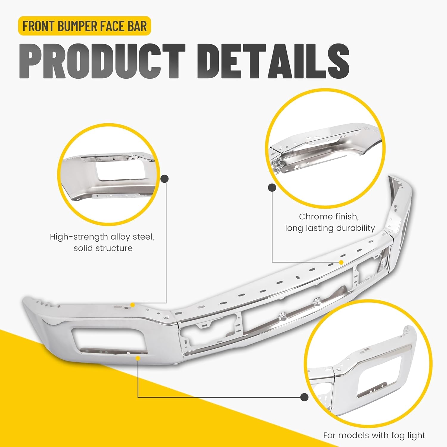 KUAFU Front Bumper Face Bar Compatible with 2018-2020 Ford F-150 w/Fog Light Hole Bumper Impact Bar Replacement for JL3Z17757A FO1002430 Chrome Silvery Steel 3Pcs