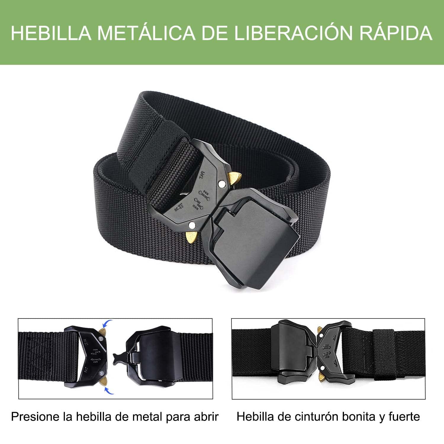 Cinturón Táctico para Hombres, Cinturón de Alto Rendimiento de 1.5 Pulgadas Cinturón Hebilla de Metal de Liberación Rápida, Cinturón de Senderismo con Gancho(Negro)