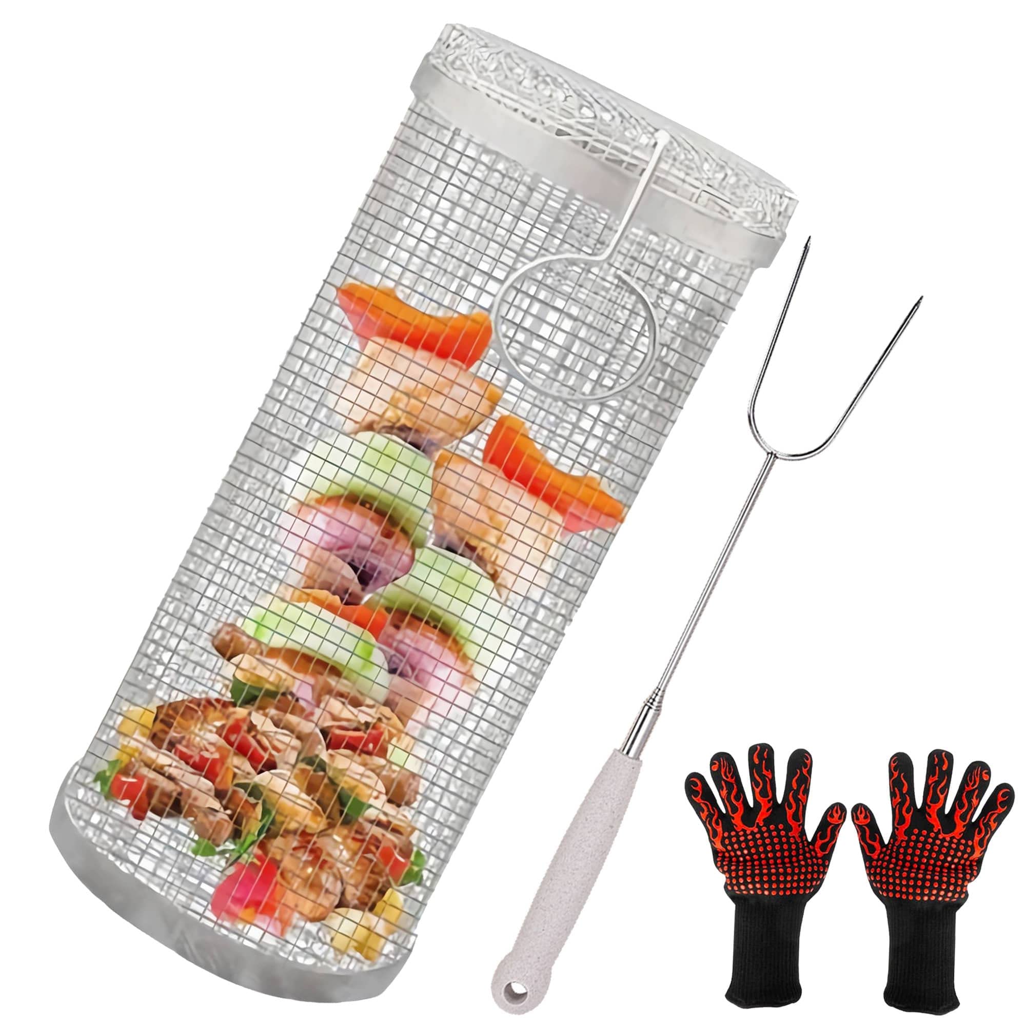 Eoweiot Rolling Grilling Basket Set, Stainless Steel BBQ Grill Cage Round Barbecue Grilling Basket Mesh Cage for Outdoor Grill (1 Pcs Little)