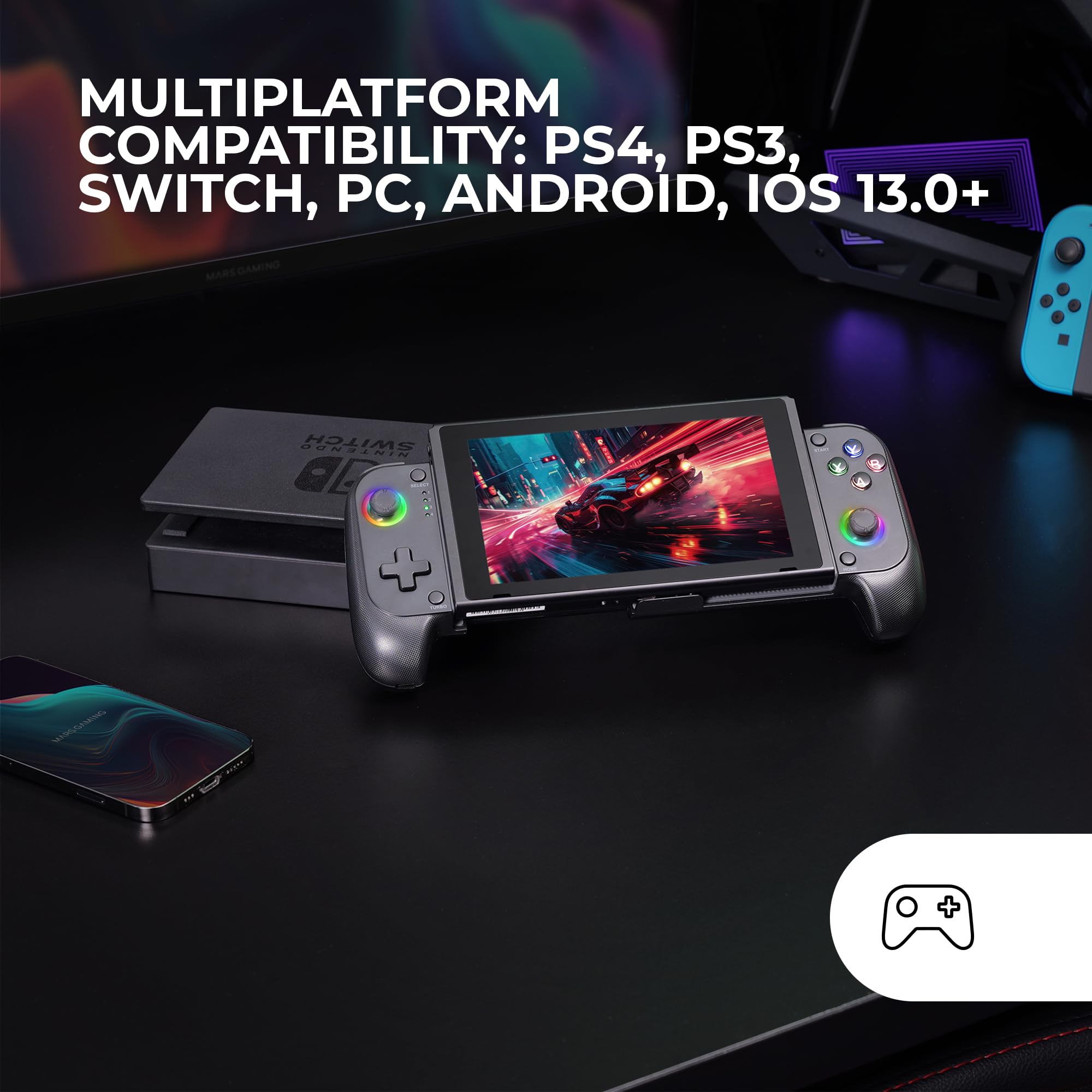 Mars Gaming MGPX, Gamepad Bluetooth 5.0 2en1, RGB Neon, Vibración Dual y Función Turbo, Soporte Smartphone Hasta 6.8", Mando Multifunción Compatible PC, Android, iOS y Consolas, USB-C y Funda, Negro