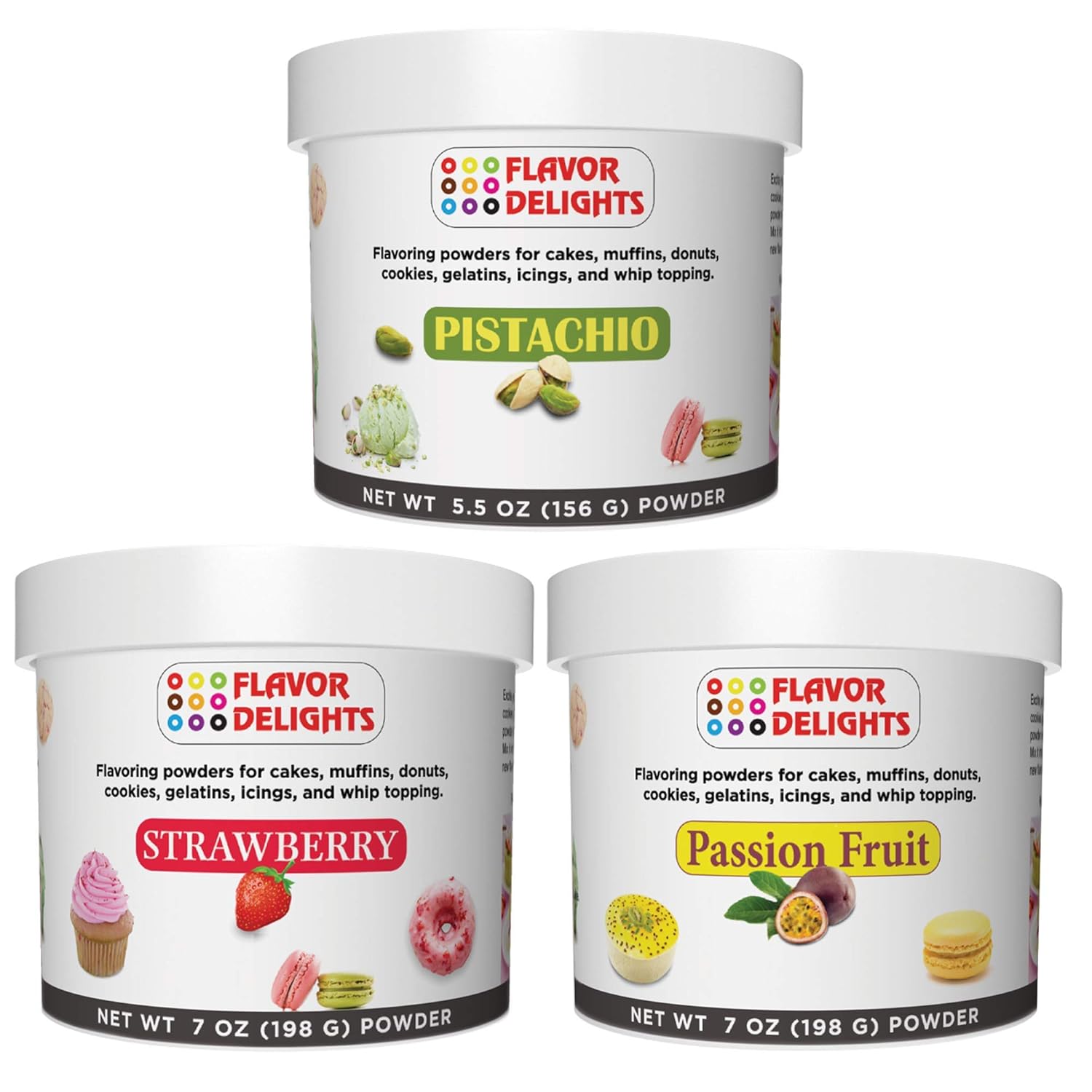 Flavor Delights by Angel Specialty Products: Flavored Powder Bakery Mix > Passion Fruit, Pistachio, Pumpkin Pie, Strawberry (Pistachio, Strawberry, Passion Fruit, 3-Pack Bundle)