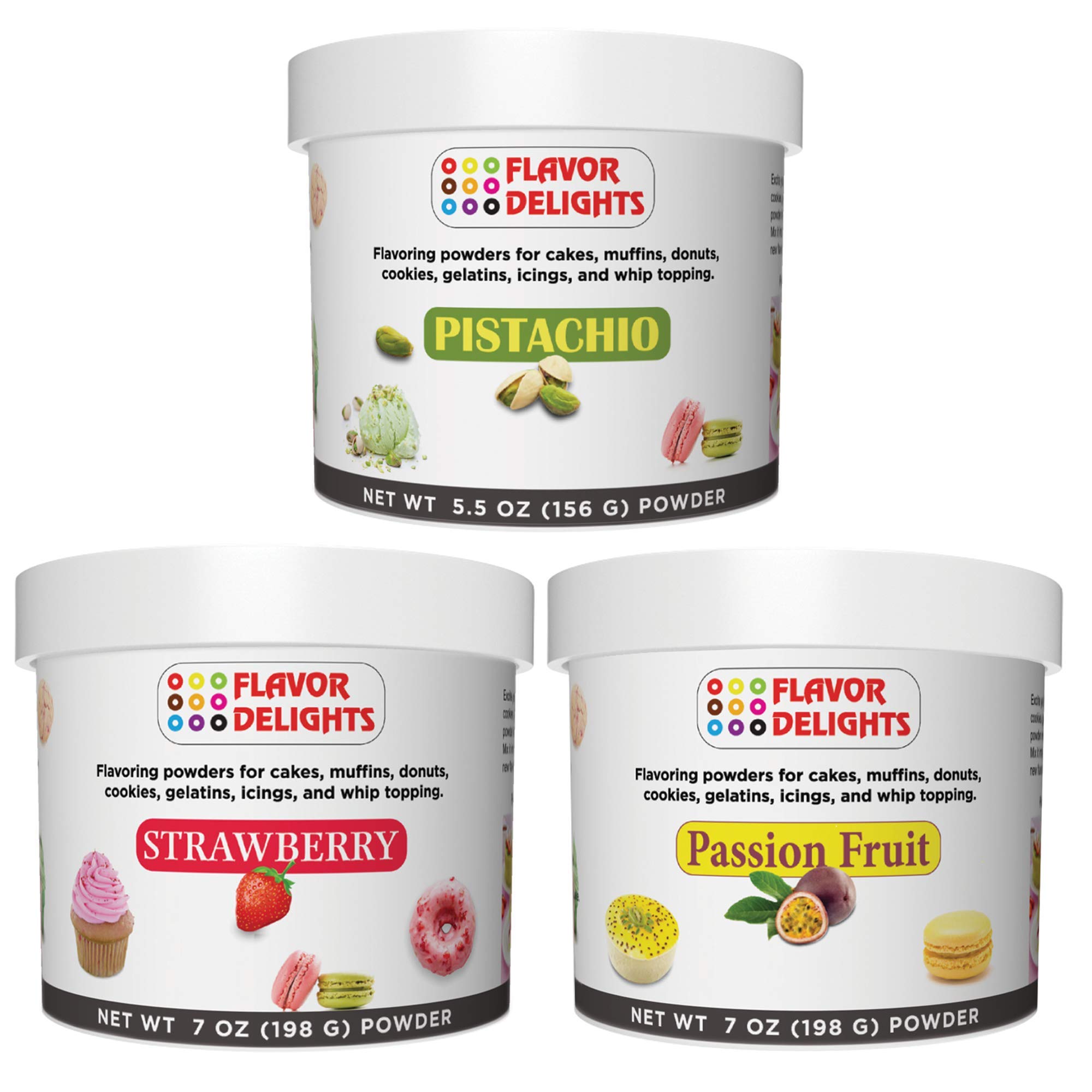 Flavor Delights by Angel Specialty Products: Flavored Powder Bakery Mix > Passion Fruit, Pistachio, Pumpkin Pie, Strawberry (Pistachio, Strawberry, Passion Fruit, 3-Pack Bundle)