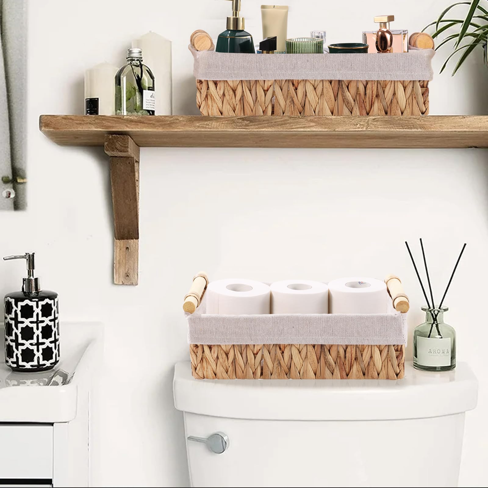 Storage Basket for Organizing, Wicker Baskets for Shelves, Storage Bins for Countertop, Toilet Storage Basket for Toilet Tank Top, with Wooden Handles and Natural Fiber Liner, Set of 2