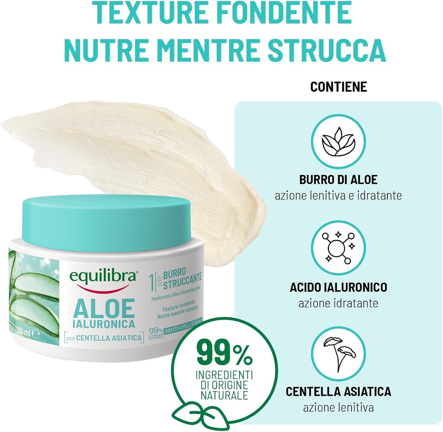 Equilibra, Aloe Ialuronica Burro Struccante Viso, con Burro di Aloe, Acido Ialuronico e Centella Asiatica, Doppia Detersione, Adatto a Pelli Sensibili, Clinicamente Testato, 80ml