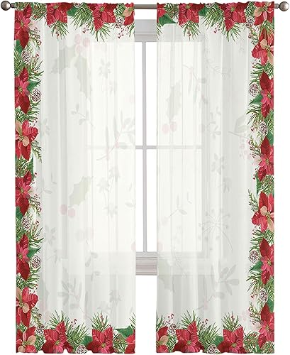 Miniatura 3 de Cortinas traslúcidas con silueta de pino floral de flor de pascua, 72 pulgadas de largo, juego de 2 paneles de cortinas semitransparentes con