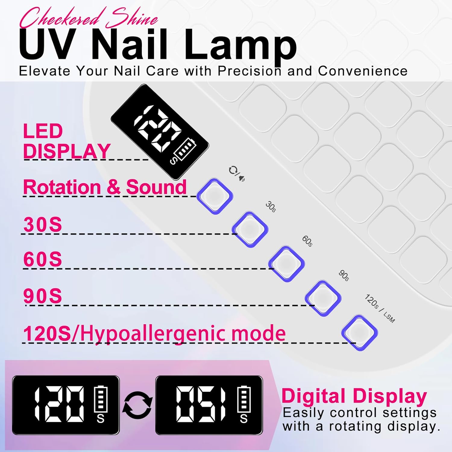 MEKK Cordless UV LED Nail Lamp, 54W UV Light for Gel Nails with Hand-Friendly Red Light, Auto Sensor Professional Flash Cure Lamp with Rotatable LCD Display for Salon and Home, Checkered Design, White