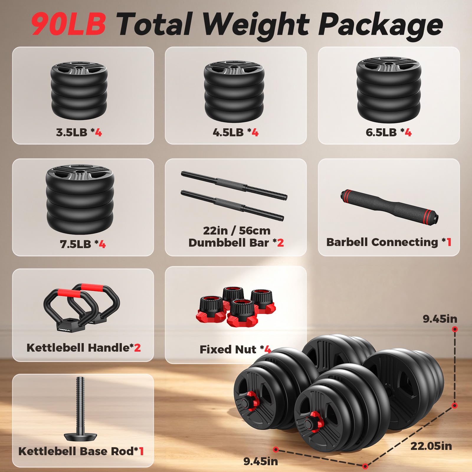 Adjustable dumbbell set,20/35/45/55/70/90lbs Free Weights set with upgraded nut, 5 in 1 Weight Set Used as Kettlebells, Barbell, Push up Stand, Fitness Exercise for Home Gym Suitable Men/Women