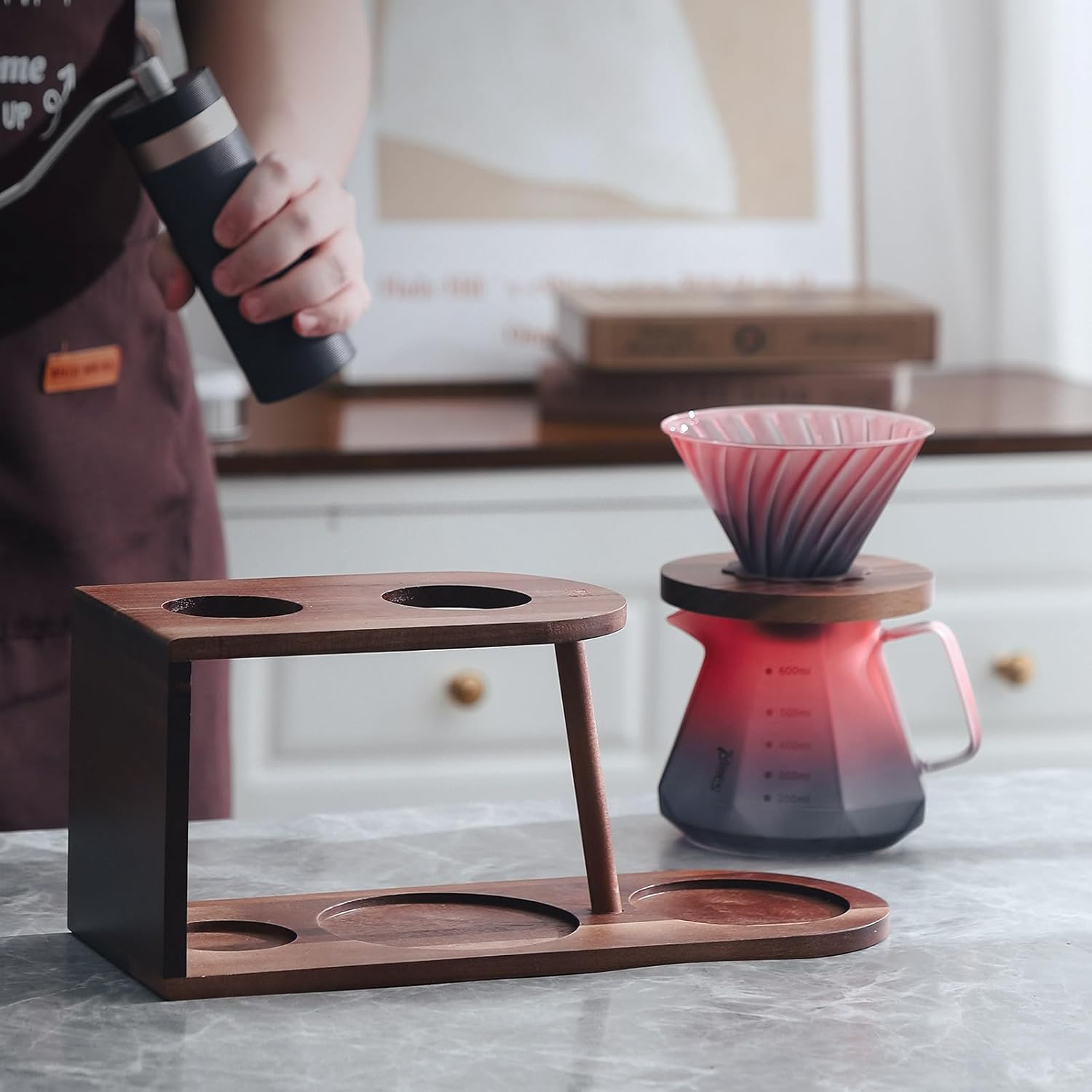 Bincoo Pour Over Coffee Maker Set - Borosilicate Glass Dripper with Walnut Handle & Glass Lid, 50 pcs Paper Filters Included