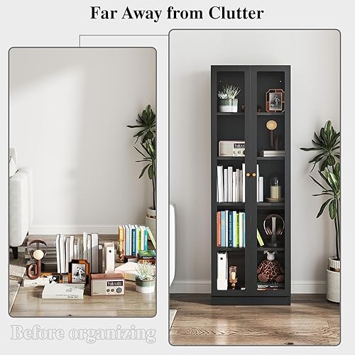 Miniatura 8 de IRONMIX - Vitrina de exhibición moderna con puertas, gabinete curio de metal con estantes, vitrinas de 180 cm de alto para coleccionables,