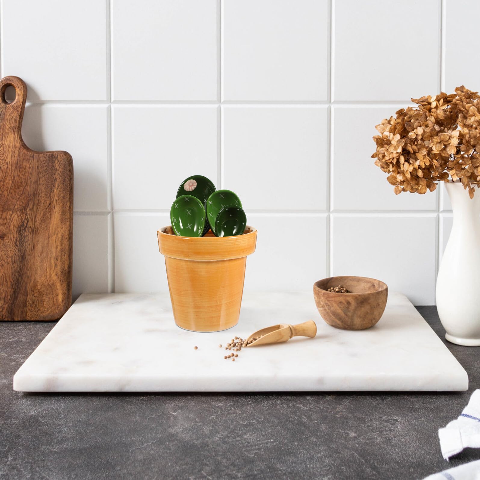 jojofuny Juego de Cucharas Medidoras Forma de Cactus en Cerámica Naranja Base para Hornear, Ahorro de Espacio y Utensilios para Café y Condimentos