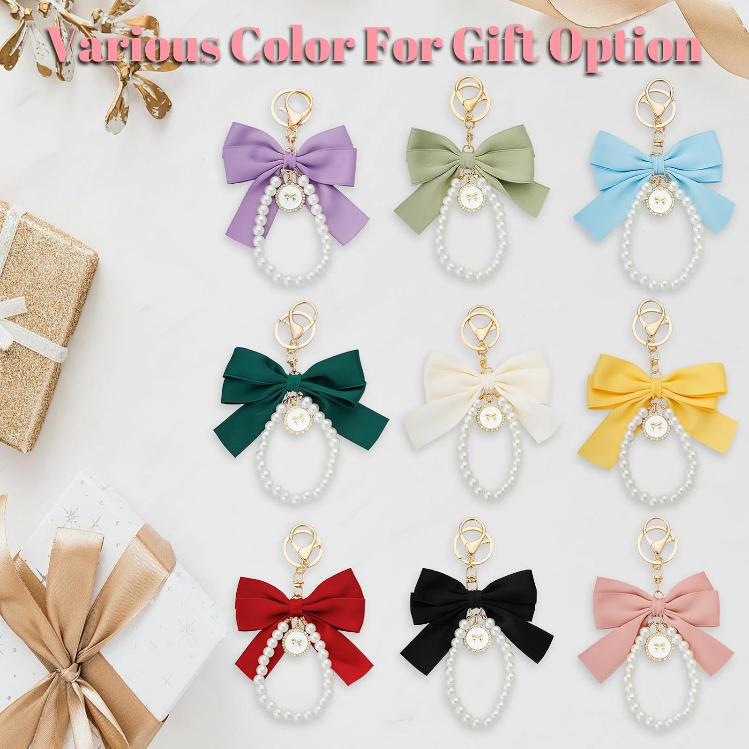 Cute Ribbon Bow Keychain with Pearl, Elegant Bag Charm for Women, Fashion Purse Handbag Tote Backpack Accessories image 4
