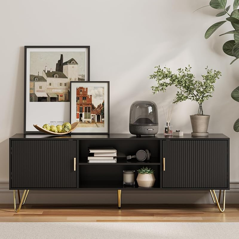 TV Stand for 55-65 inch TV, Entertainment Center with Soft Hinge Door,TV Console Table with 2 Cabinets with Gold Handle and Feet,for Living Room, Bedroom, Black image 2