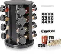 Porta Temperos Giratório com 16 Potes de Vidro Preto - Organizador de Condimentos 360° com Tampa, 3 Tipos de Dosagem, Prático para Cozinha