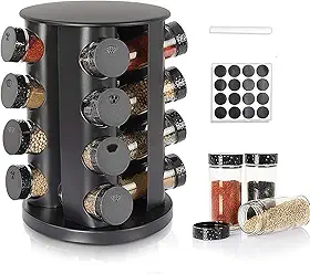 Porta Temperos Giratório com 16 Potes de Vidro Preto - Organizador de Condimentos 360° com Tampa, 3 Tipos de Dosagem, Prático para Cozinha