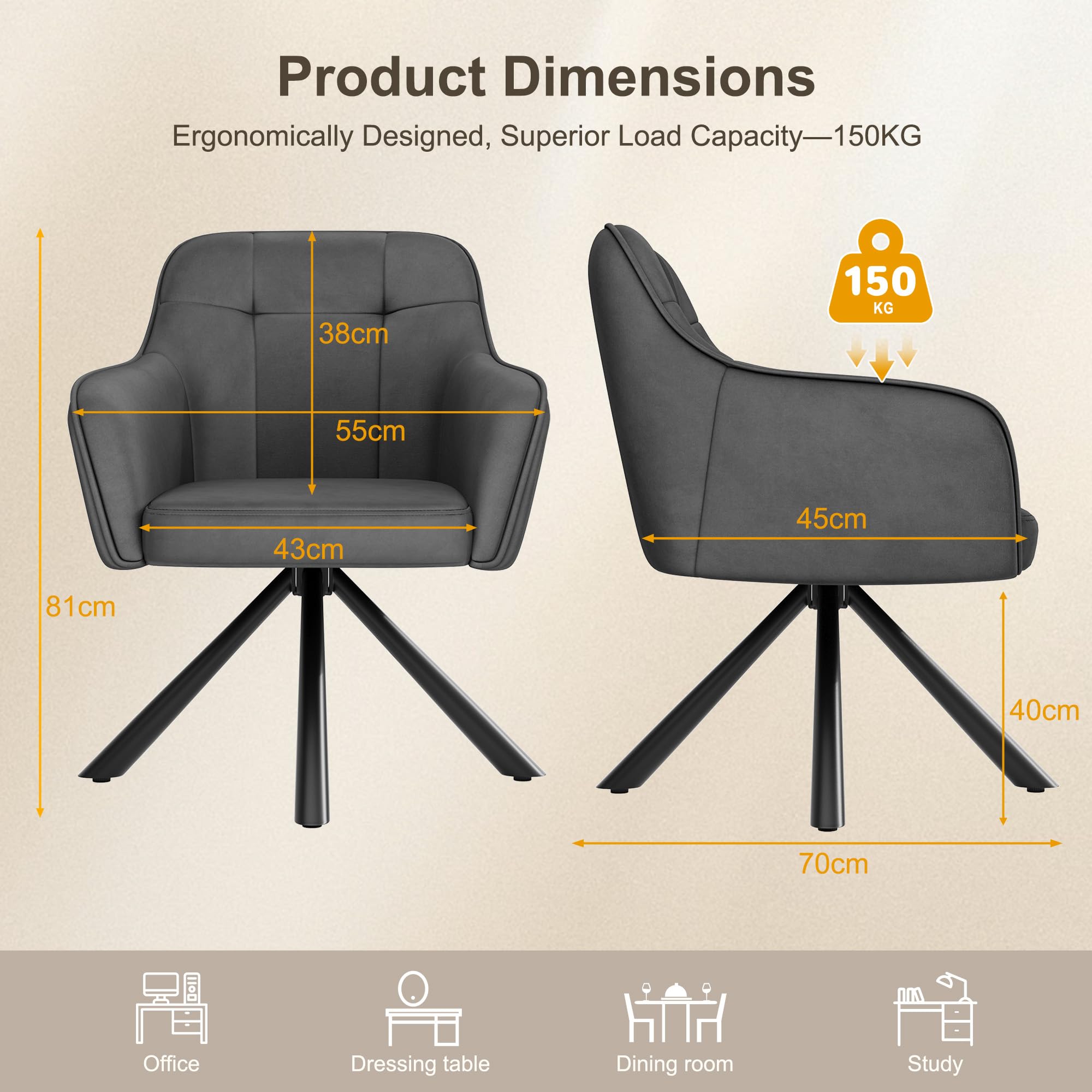 YOUDENOVA Chaises de Salle à Manger Lot de 4, Pivotantes à 360° avec Accoudoirs, Chaises Rembourrées en Velours pour Salle à Manger, Cuisine, Salon et Bureau, Blanc cassé