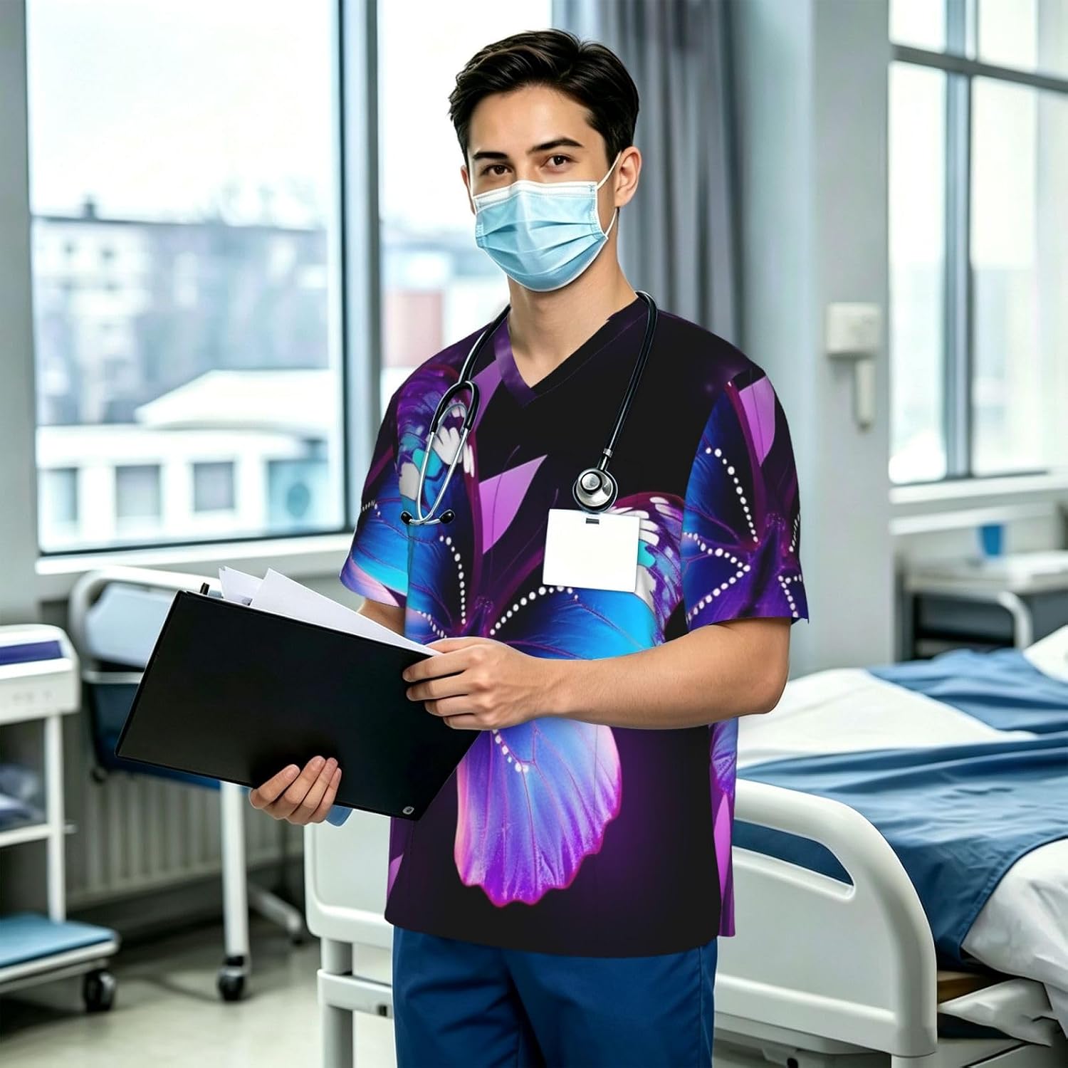 Professional Scrub Tops for Men, Classic V-Neck Workwear with 3 Pockets