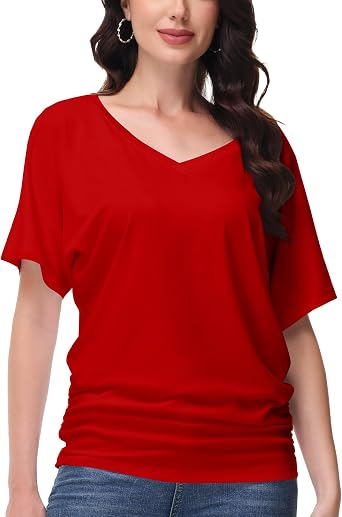 Womens Solid Color Short-Sleeved V-Neck Dolman top with Side Piping
