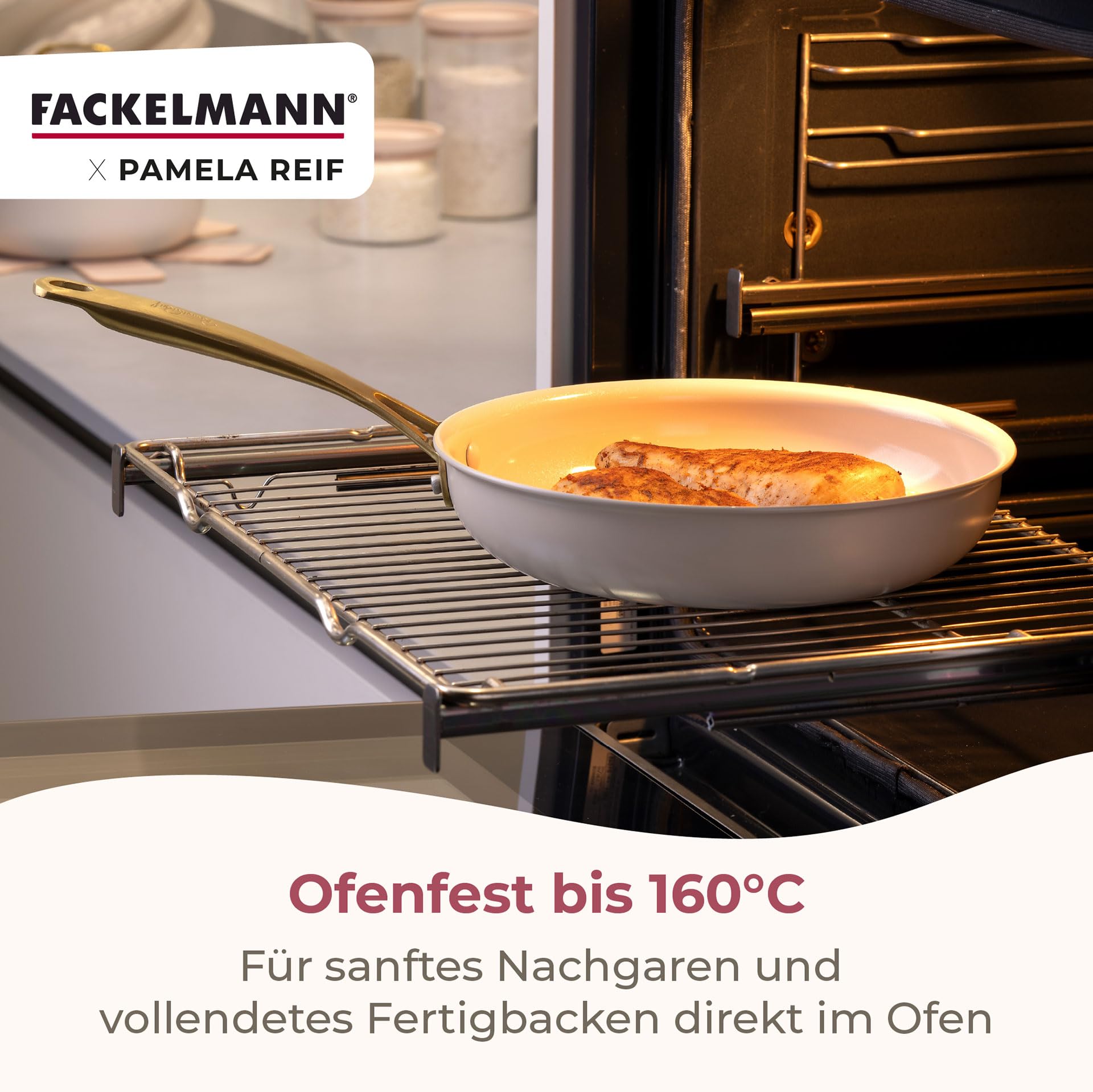 Fackelmann x Pamela Reif 10-teiliges Topf- und Pfannen-Set – gepresstes Aluminium, pastell beige, inkl. Pfannenschutz, für alle Herdarten geeignet