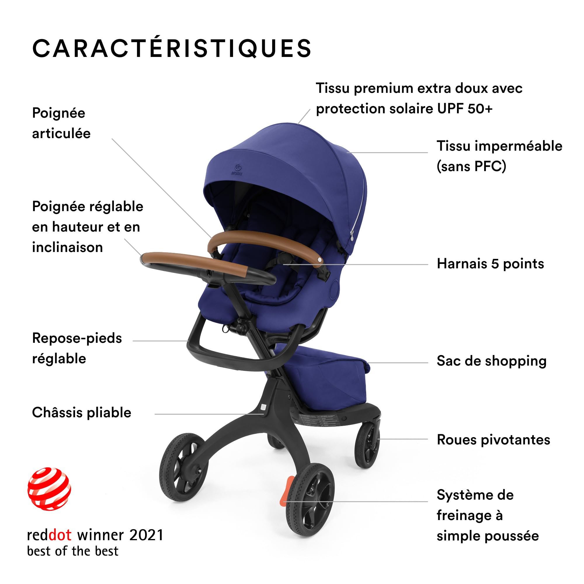 Stokke Xplory X, Bleu - Poussette de luxe - Réglable pour le confort de bébé et des parents - Rembourrage, harnais et fermeture éclair réfléchissante pour plus de sécurité - Se plie en un tournemain