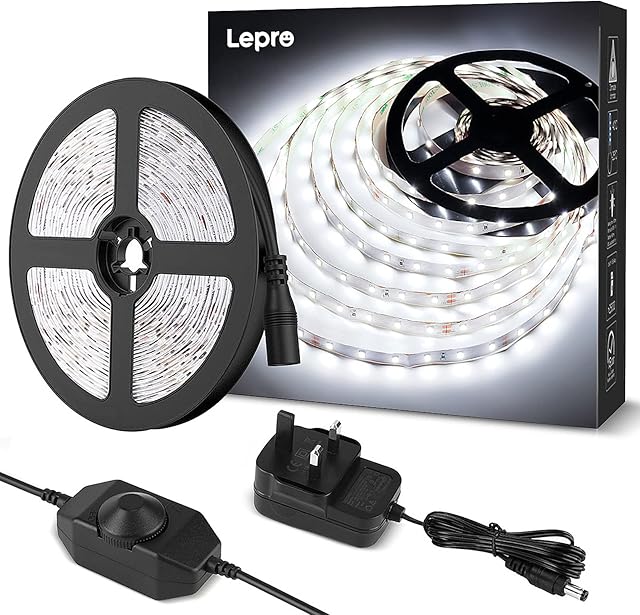 Lepro LED Strip Light White 10M 600 LEDs, Cool White 6000K 1800lm Dimmable LED Tape for Kitchen Cabinet Wardrobe Conservatory Garage Bar (24V Power Plug and Dimmer Switch Included)