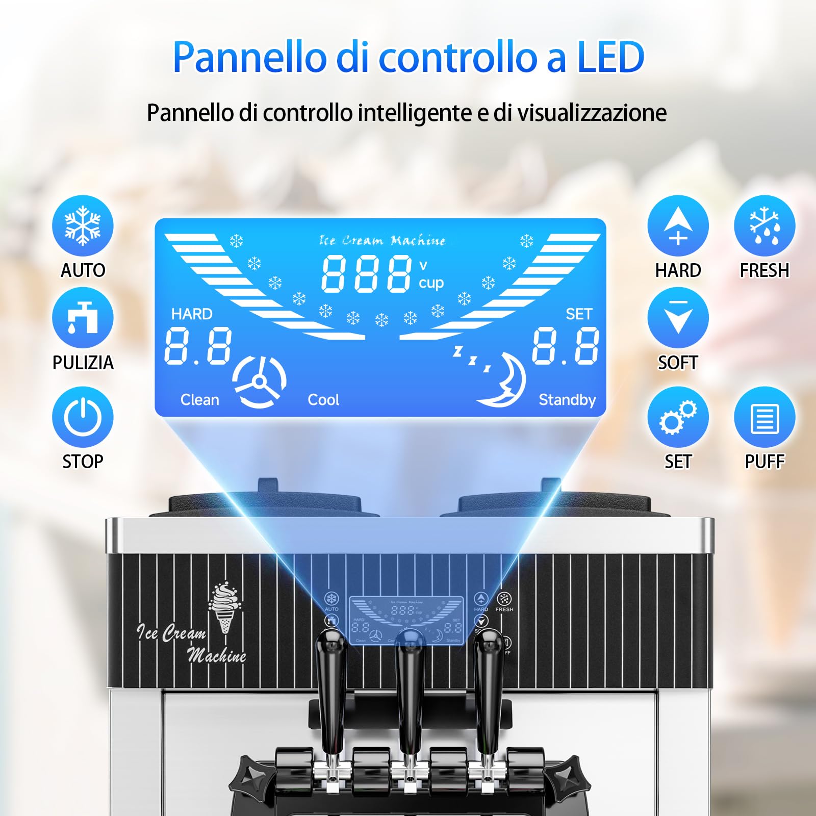 Gelatiera Professionale Soft Serve con compressore autorefrigerante, Con funzione di conservazione, Preparazione in 15min, 2200W, autoportante, Acciaio Inox, 6L x 2