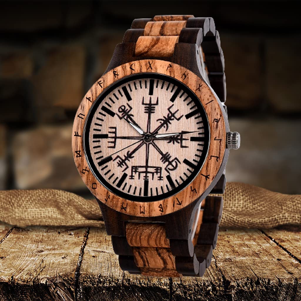 Orologi da Uomo in Legno con Rune Vichinghe Orologi da Polso Casual Regolabili con Incisione Fatta A Mano Vintage con Catena E Scatola Regalo in Legno