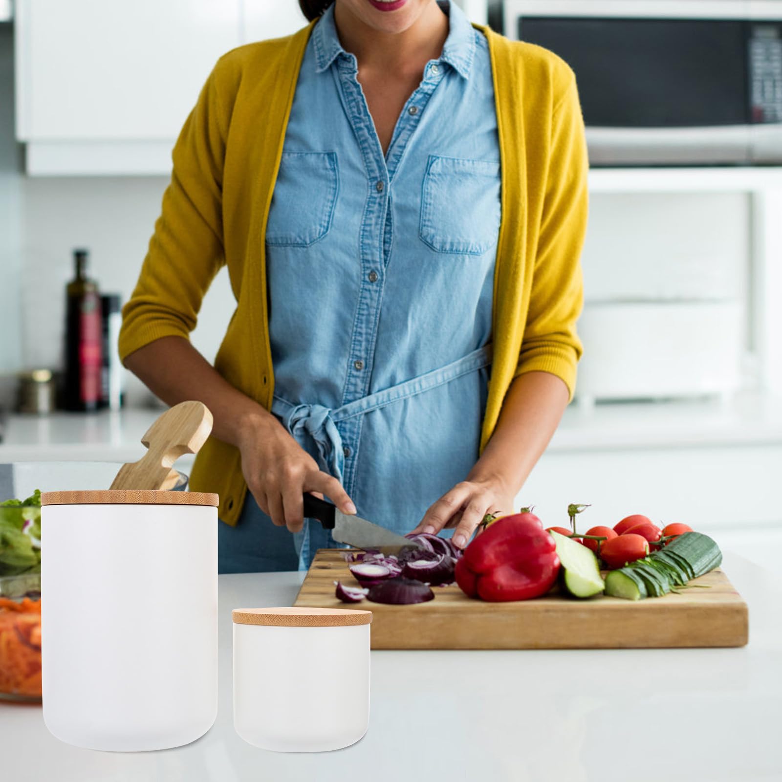 Operitacx 2 Piezas Tarro de Cerámica Hermético para Almacenar Granos y Especias en Cocina, con Tapa de Bambú, Capacidad 800ml y 260ml, Color Blanco Adecuado para Organizar Alimentos