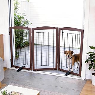 ZJSF Freestanding Dog Fence Indoor, Foldable Dog Gate for Doorways, Stairs or Hallways, Sturdy Wood Extra Wide Pet Gate with Support Feet for The House, Brown, 32 "Height-3 Panels