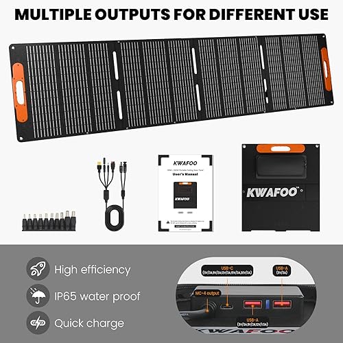 Miniatura 8 de Panel solar portátil de 200 W, plegable con conector MC4, salida USB, soportes ajustables, cargador solar impermeable IP65 para estaciones de