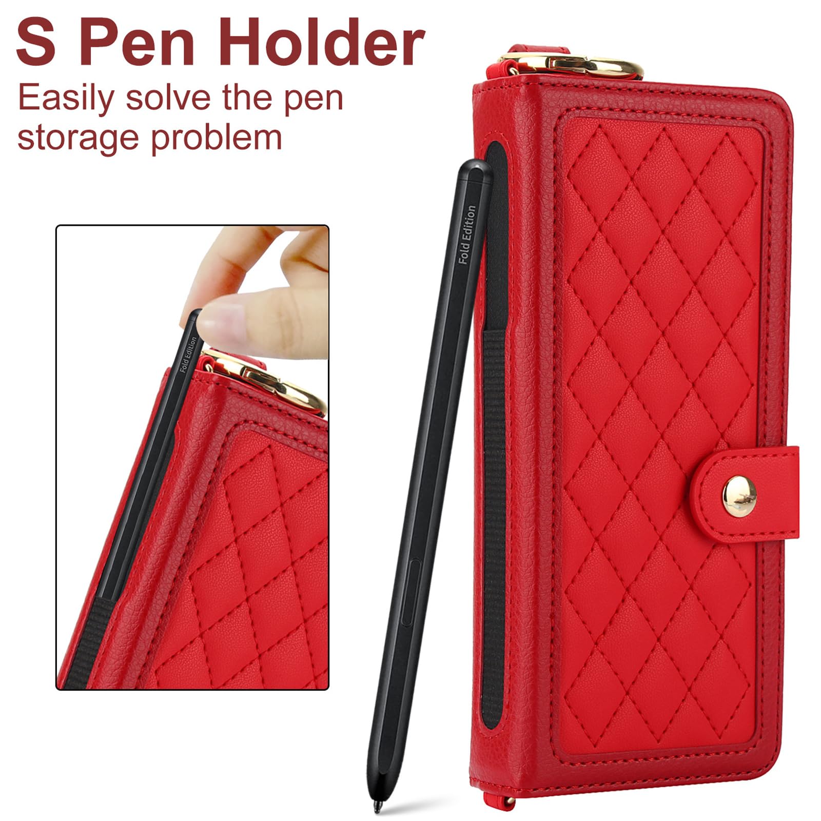 Skórzane etui do Samsunga Galaxy Z Fold 6, modny portfel z klapką, etui na telefon komórkowy z 4 miejscami na karty i uchwytem na długopis S, pasek na nadgarstek, etui z podstawką, czerwone