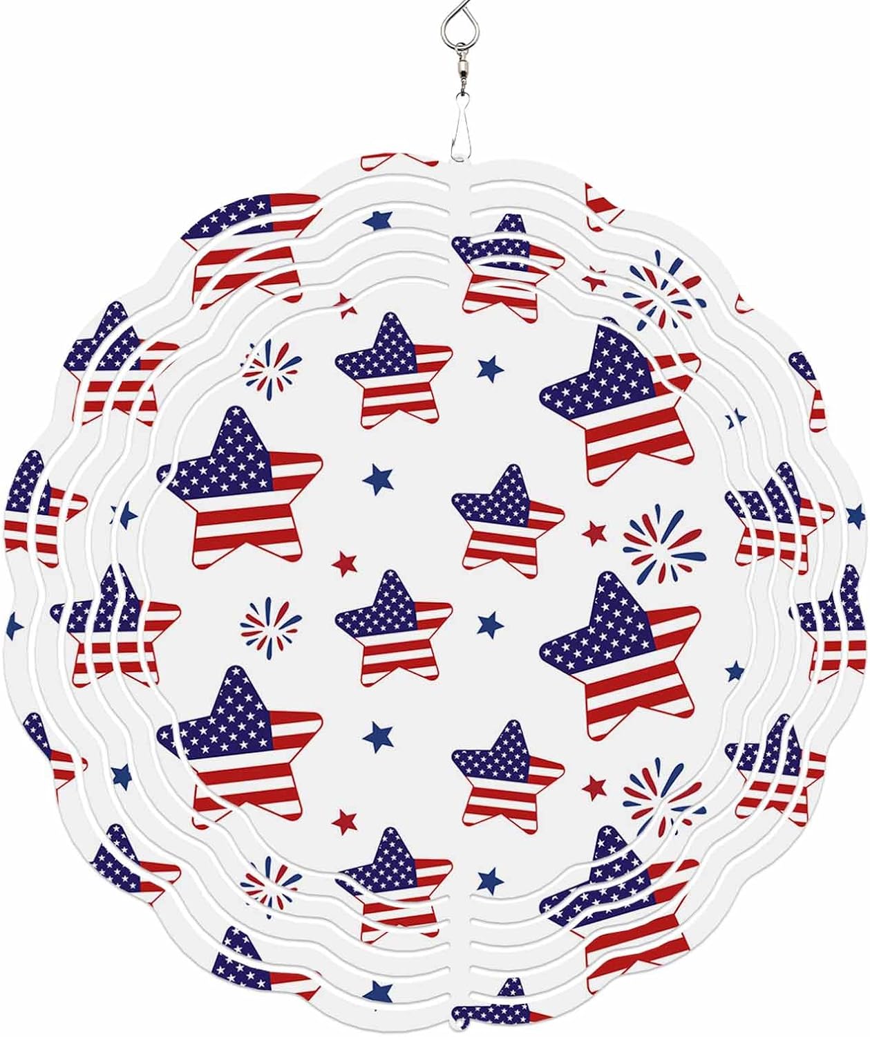 Independence Day Stars Red Stripes Fireworks Wind Spinner for Garden Yard 3D Stainless Steel Hanging Wind Spinners, Patriotic Blue Star 4th of July Spinners Outdoor Metal Decor for Lawn Patio Home