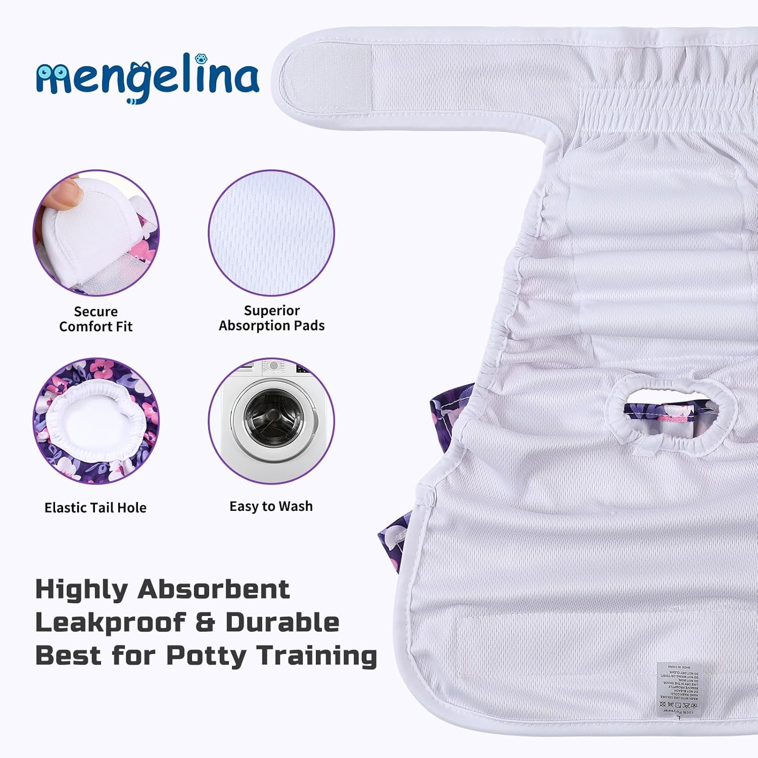 Reusable Dog Diapers Female 3 Pack Doggie Diapers for Period Heat Incontinence Puppy Training (Large, PurpleFlower)