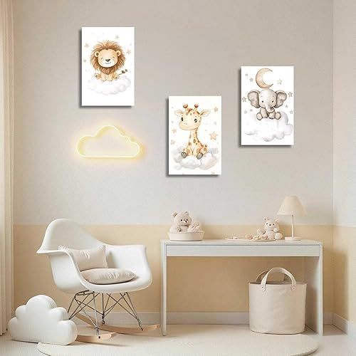 Miniatura 3 de BJYCHG Safari - Juego de 3 lienzos decorativos de pared para habitación de bebé, diseño de elefante y león, jirafa, lienzo, acuarela, nubes,