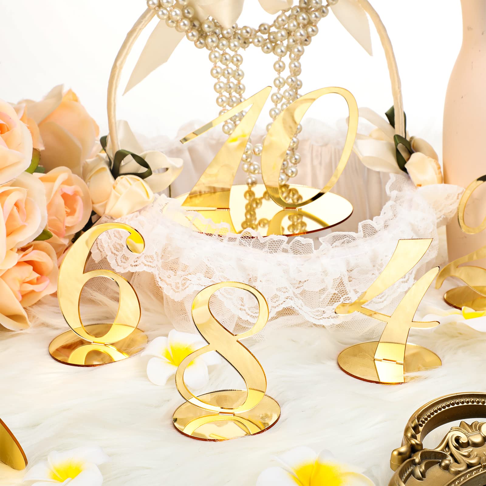 Hochzeitstischnummern Aus Acryl – Spiegelnd, Golden Mit Ständer, Set 1-15