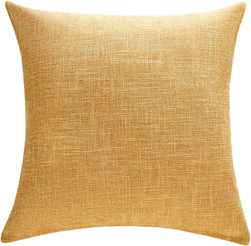 Miniatura 2 de Anickal Set of 2 Mustard Yellow Pillow Covers 18x18 Inch Rustic Linen Decorative Square Throw Pillow Covers for Sofa Couch Decoration