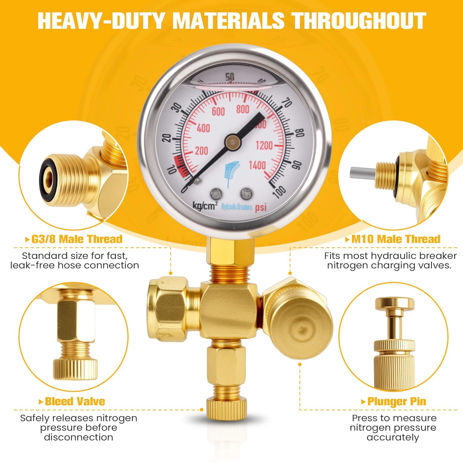 Hydraulic Breaker Nitrogen Charge Kit, 0–1420 PSI (0–98 Bar) Hydraulic Hammer Nitrogen Fill Kit with Gauge, Hose, and G5/8 to CGA580 Adapter for Excavators, Post Drivers, Heavy Equipment