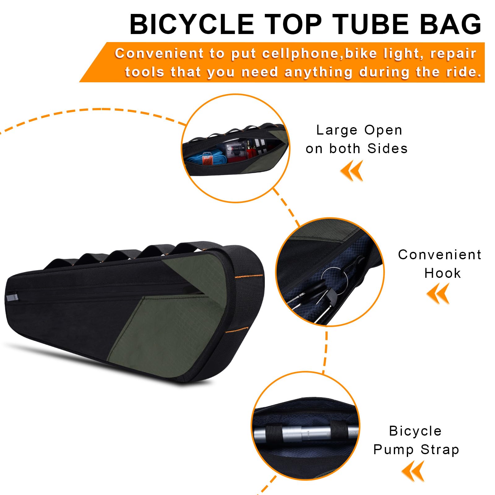 Borsa Bici Telaio Borse Tubo Centrale per Bicicletta MTB Impermeabile con Strisce Riflettenti Grande Capacità ca. 2.5L per Porta Attrezzi Bici da Corsa Accessori Lucchetto 380*115*55mm(verde)